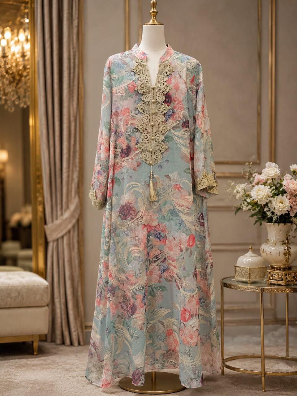 Abaya bercorak bunga pink di atas dasar hijau lembut dengan renda emas dan tassel, pada manekin